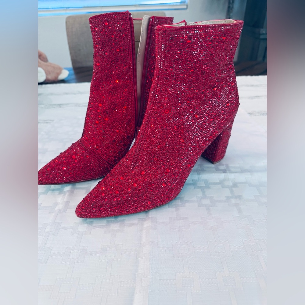 Betsey Johnson SB Cady Rhinestone Red Heeled Boots